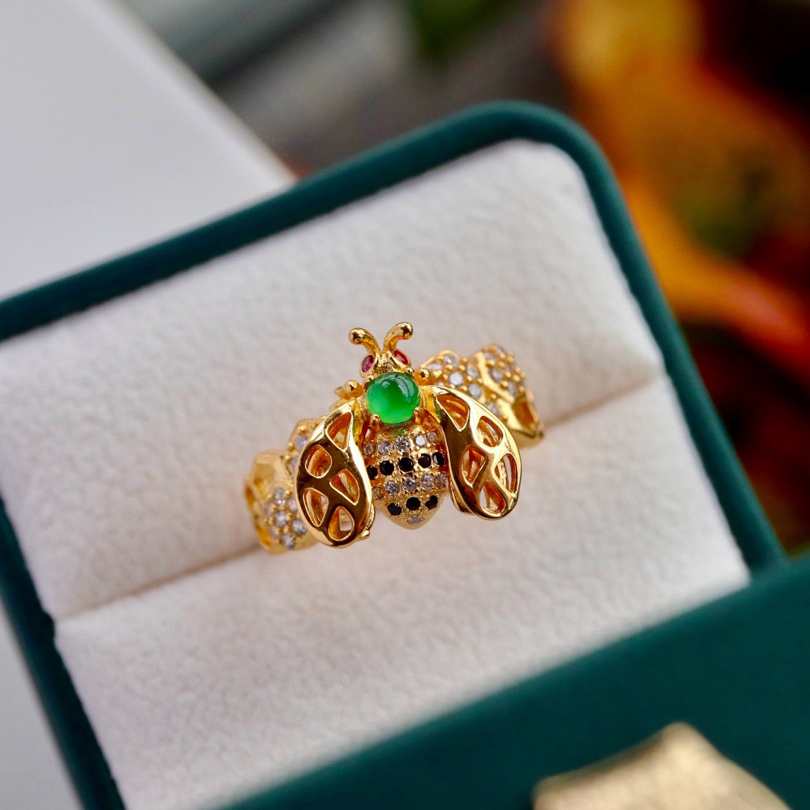 Natural Chrysoprasus Ring with Unique Bee Shape