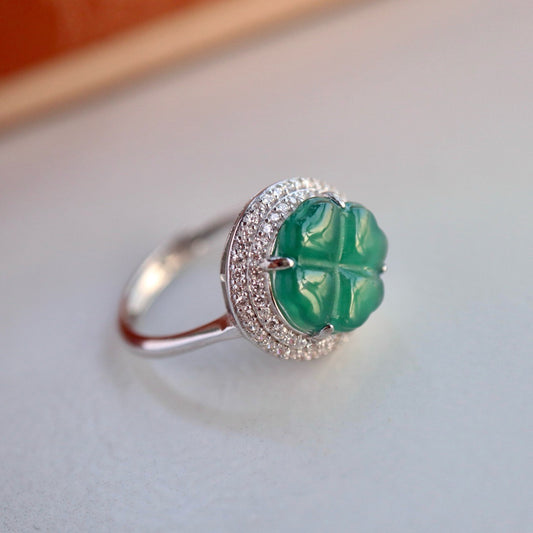 Natural Chrysoprasus Ring Big four Leaf clover shape